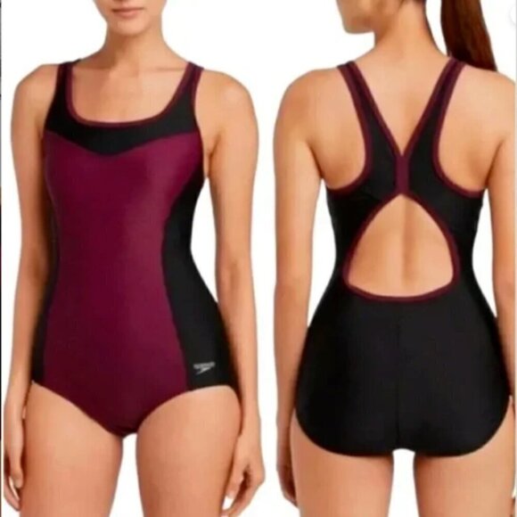 Speedo 1-Piece Swimsuit Keyhole Racerback Moderate Cut S/M Black & Purple 276F - Picture 1 of 13